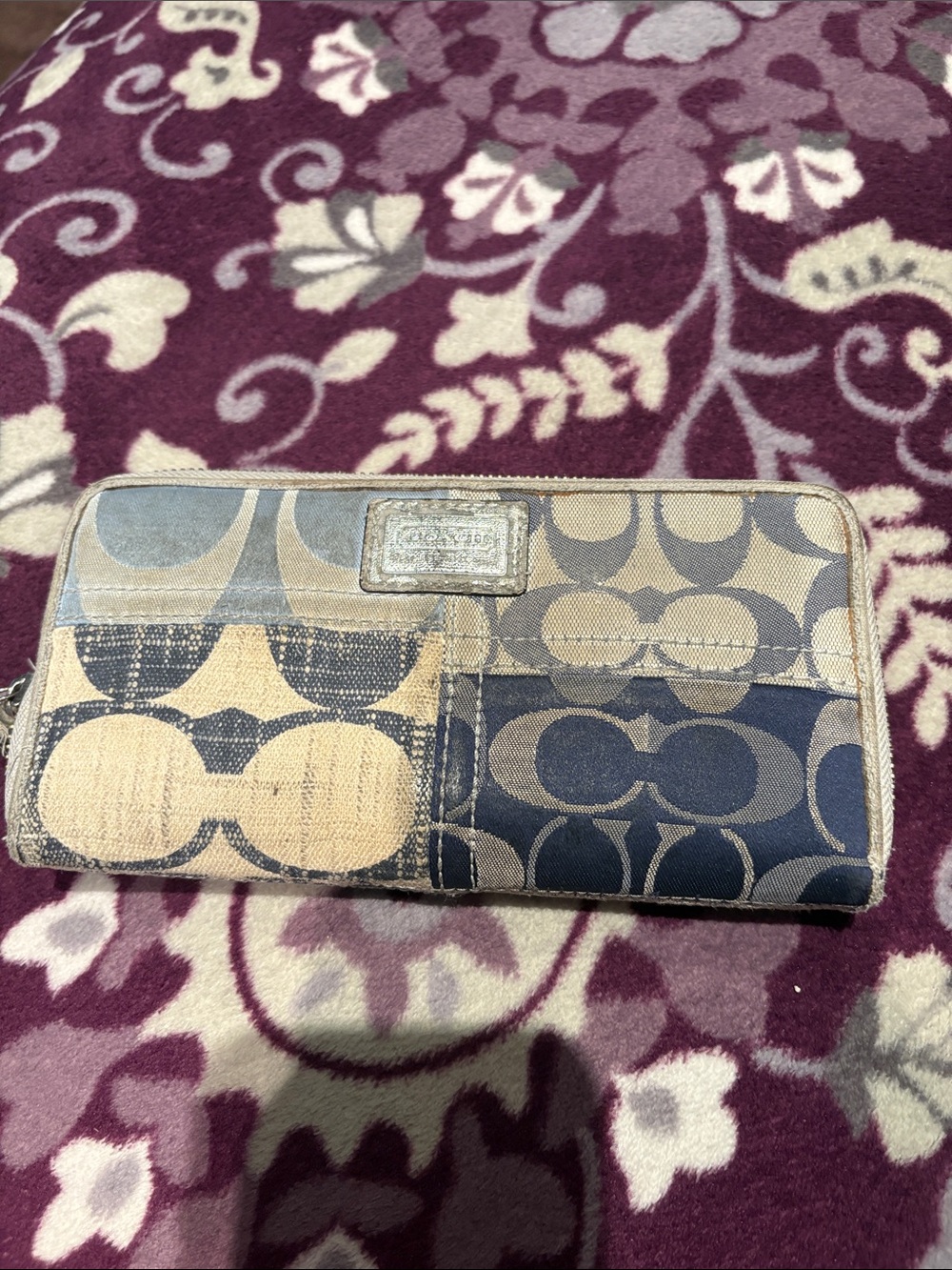 Coach Patchwork Signature Canvas Wallet in Navy and Tan